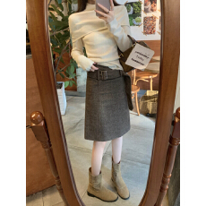 批发韩系复古高腰包臀中裙休闲通勤咖啡色毛呢<b class='q'>西装</b>半身裙女