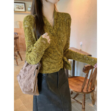 批发实拍实价 韩系绝美气质漂亮上衣女温柔风v领<b class='q'>不规则</b>绑带收腰蕾丝衫