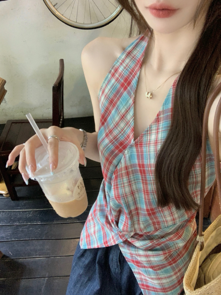 실사 정가 한 부서 레트로 빨간색 블루 체크무늬 행침 목 조끼 프랑스식 V넥 비틀림 허리 수축 체크무늬 민소매 맨위