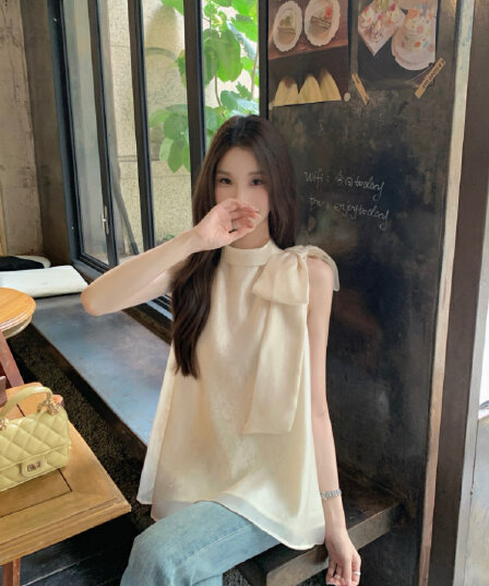실사 정가 프랑스식 품격 달콤한 스타일 스탠드 칼라 나비 매듭 루즈핏 자수 살구 색상 행침 목 조끼 맨위 여성