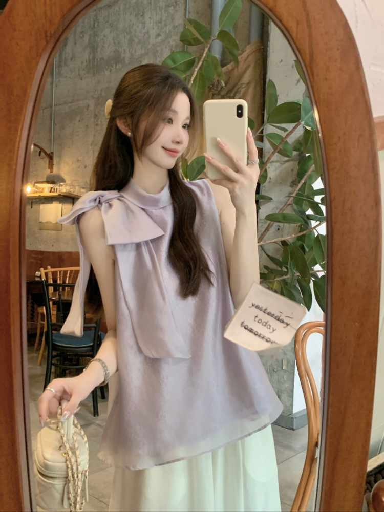 실사 정가 프랑스식 품격 달콤한 스타일 스탠드 칼라 나비 매듭 루즈핏 자수 살구 색상 행침 목 조끼 맨위 여성