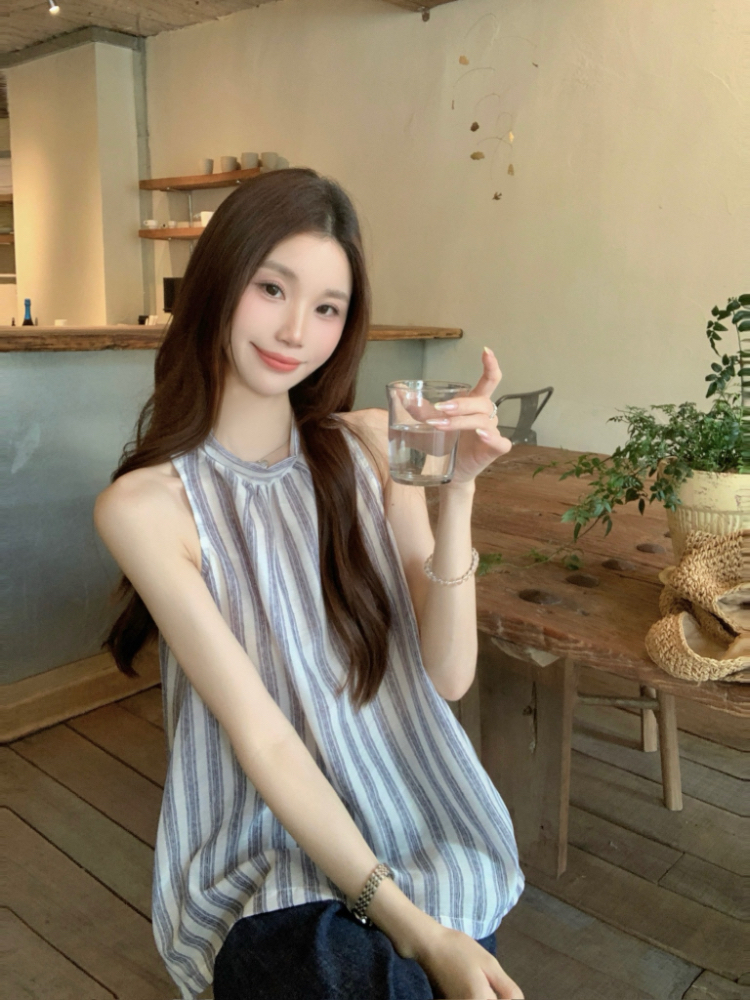 실사 정가 한 부서 스트라이프 행침 목 흔들다 칼라 캐미솔 슬림해 보이는 고급 센스 민소매 외출용 맨위 트렌디