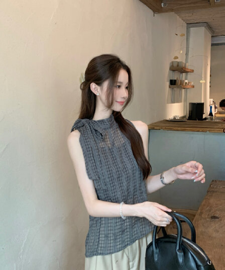 실사 정가 한 부서 나비 넥타이 터틀넥 민소매 체크무늬 조끼 작은 스탠드 칼라 얇은 스타일 ~을 통해 실 슬립 맨위