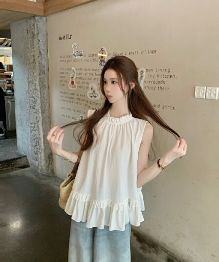 실사 정가 달콤함 프릴 민소매 조끼 셔츠 한 부서 chic 연령 감소 디스플레이 화이트 빨간색 작은 셔츠 맨위