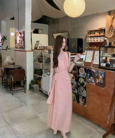 실사 정가 프랑스식 휴가 바람 품격 레트로 도트 무늬 여성 드레스 연령 감소 핑크색 쉬폰 조끼 롱 스커트