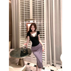 实拍 直角肩双色大U领低胸小飞袖上衣+蕾丝内搭+网纱珠串拼接半裙