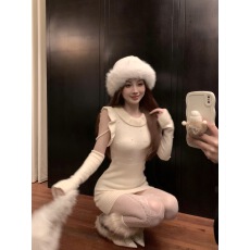 批发实拍人鱼之泪 重工钉珠木耳边软糯保暖针织无袖连衣裙送套袖冬女