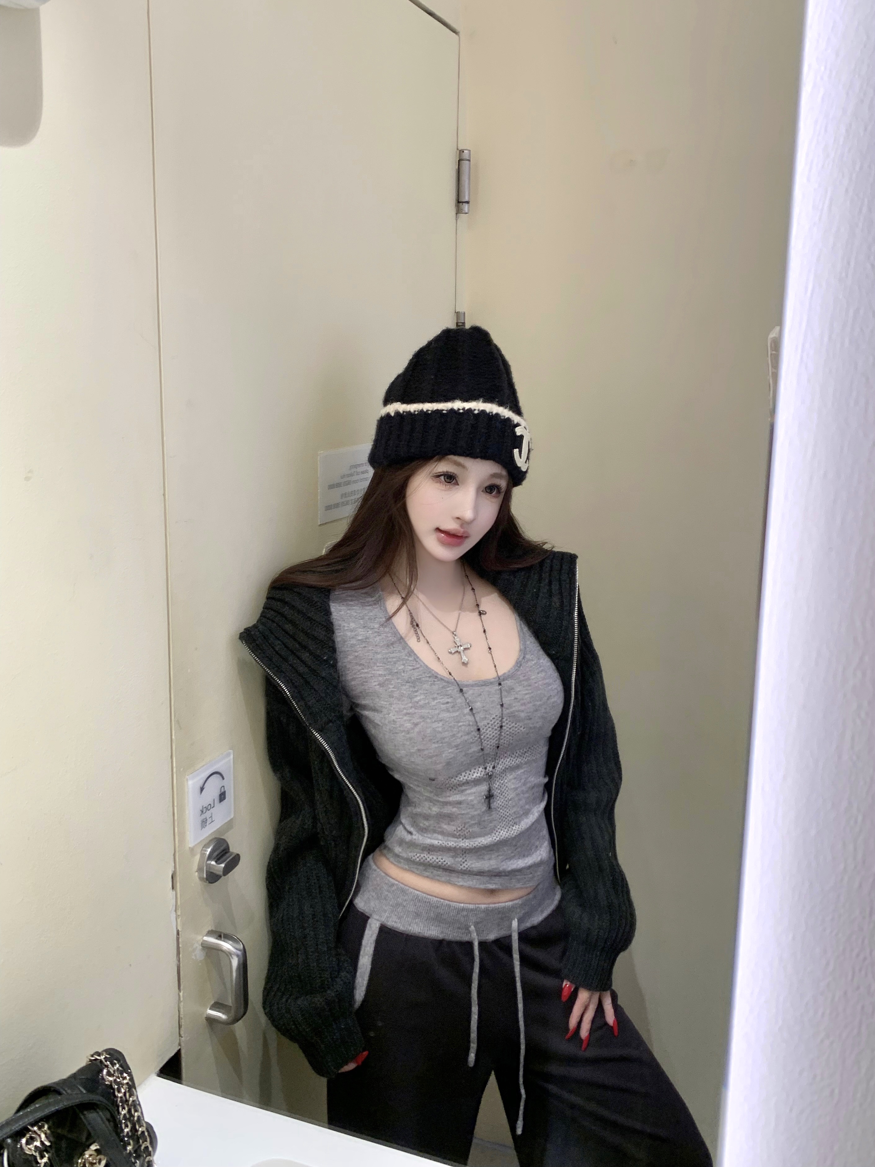 실사 편안함 지배 더블 색상 지퍼 니트 재킷 홀로우 아웃 십자가 맨위 배색 넓은 다리 길이 바지 겨울