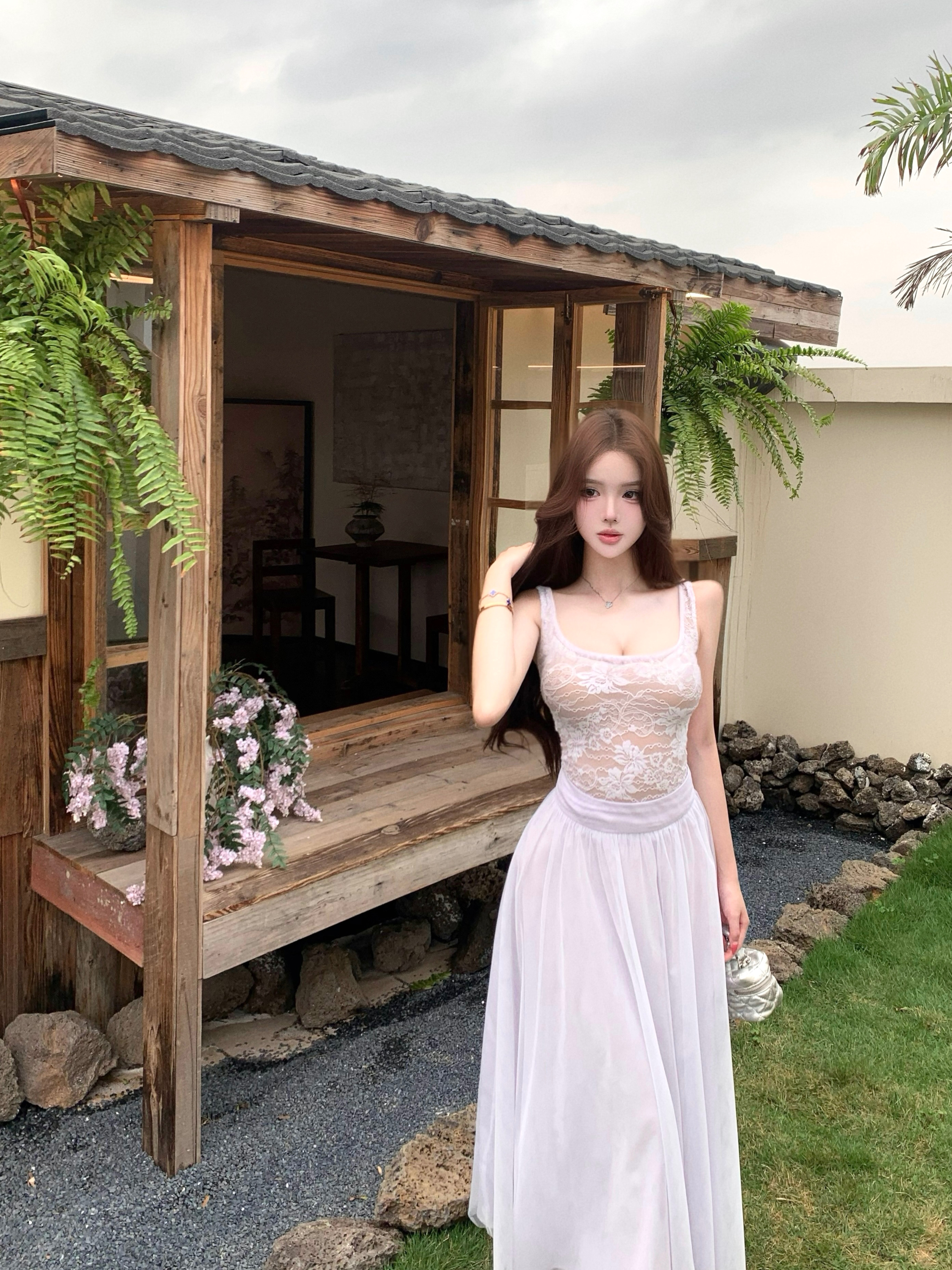 실사 여름 낭만주의 몽환 보라색 자카드 3 차원 꽃무늬 자수 캐미솔 대 치마 반신 거즈 스커트