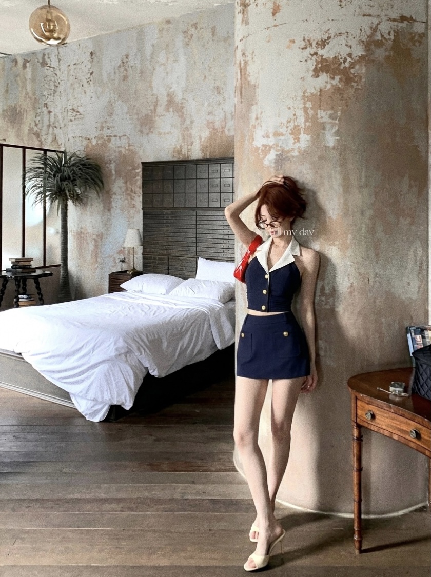 실사 중년 향기로운 향 무거운 작업 마 Pleat 고유 한 골드 버클 배색 행침 목 정장 조끼 맨위 타이트 스커트 반 스커트
