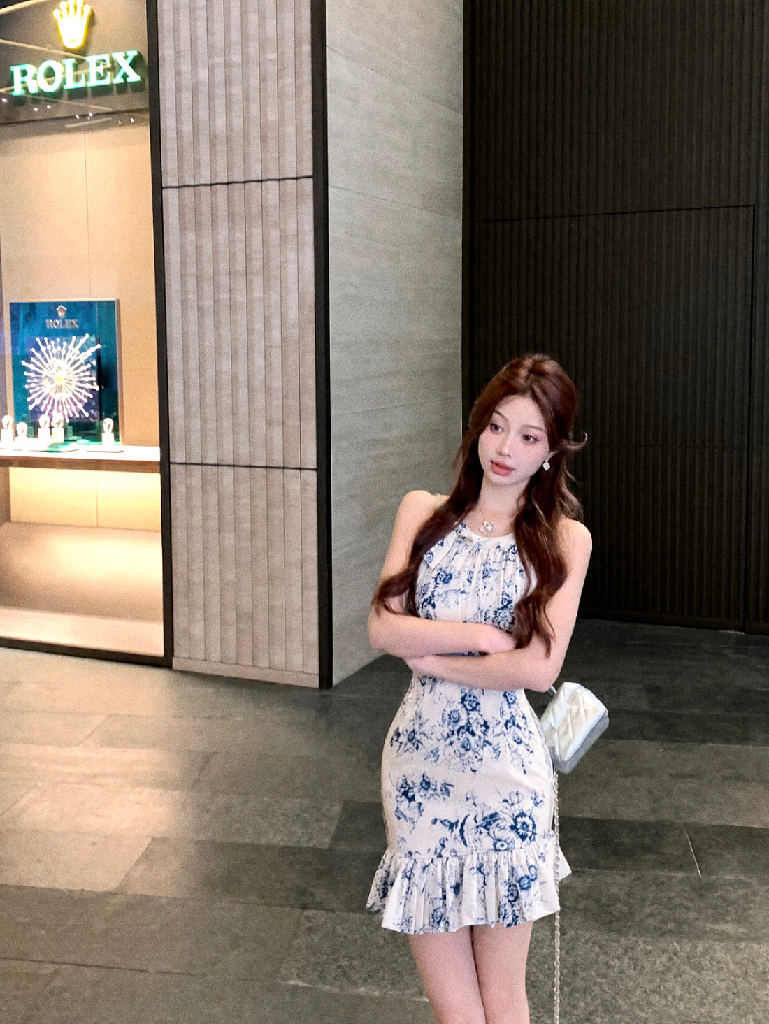 실사 도자기 꽃 그림자 새로운 중식 수묵화 파란색 프린트 나비 매듭 행침 목 허리 수축 경 사진 치마 드레스