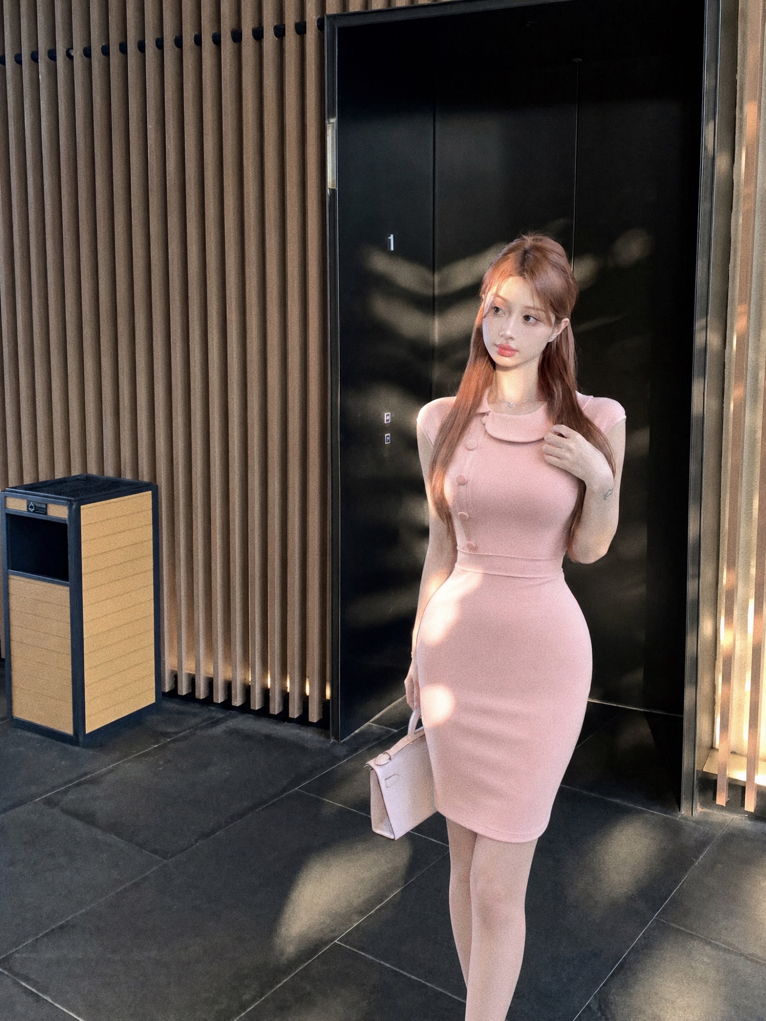 실사 높음 지혜 비싼 가스 원 영어 센스 품격 연령 감소 베이비 칼라 핑크색 레트로 타이트 스커트 몸매 가꾸기 드레스 여름