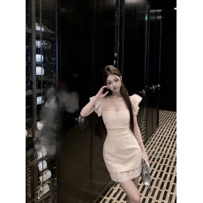 实拍 古董情书 纯欲法式名媛风重工刺绣蕾丝拼接小飞袖包臀连衣裙