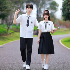 批发实拍2026夏季情侣装学生班服套装短袖衬衫