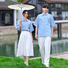 批发实拍2026<b class='q'>夏</b>季情侣装学生班服国风短袖衬衫套装