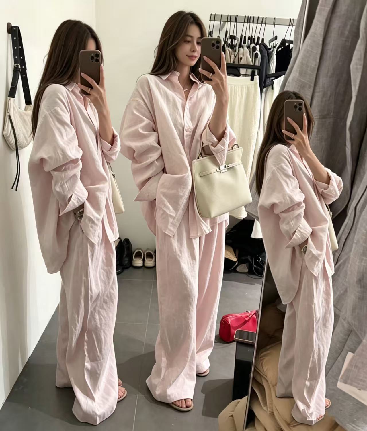 전체 집합 느긋한 바람 연령 감소 패션 셔츠 맨위 여성 봄 캐주얼 다용도 와이드 레그 팬츠
