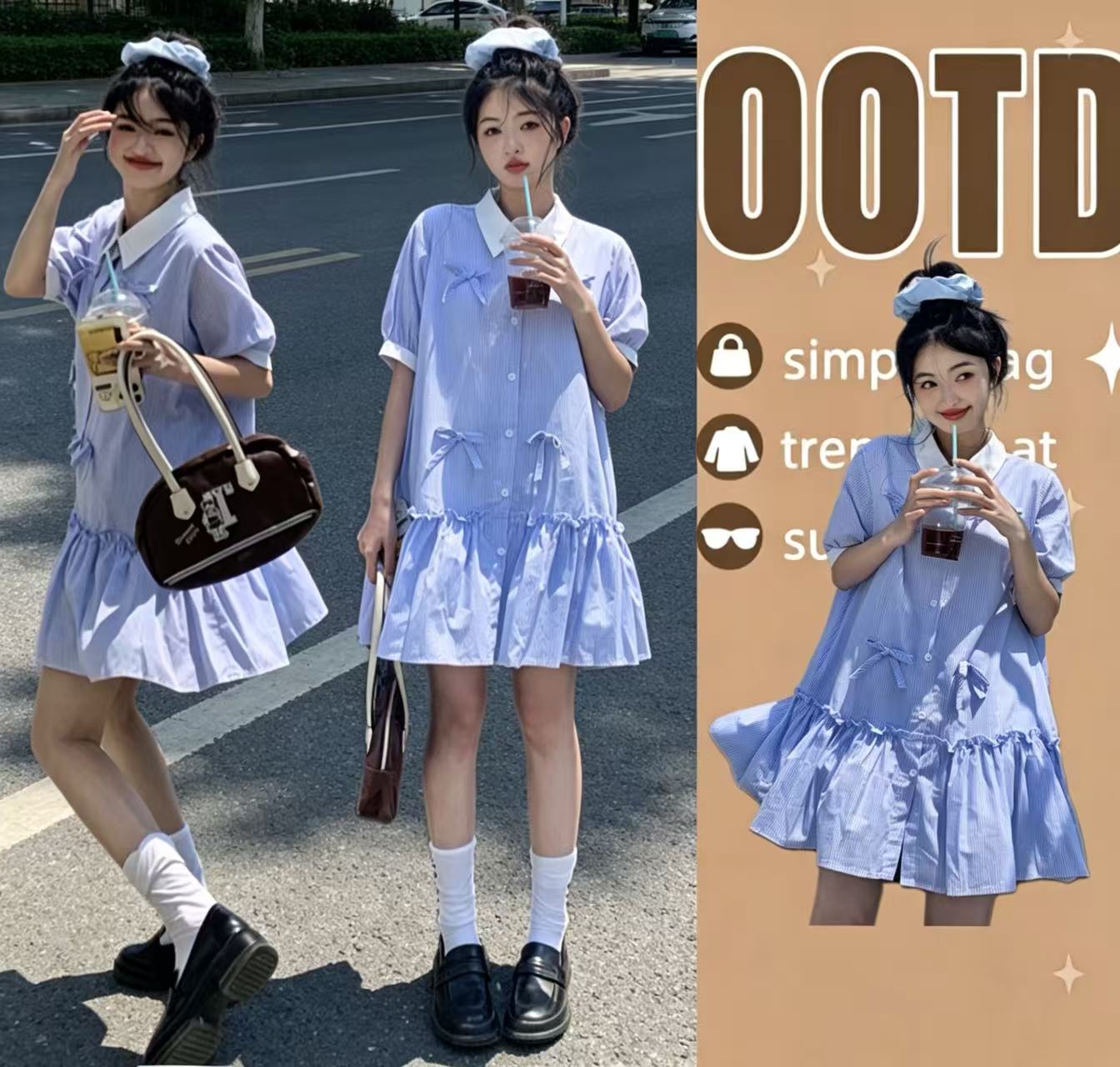 루즈핏 무거운 작업 3 차원 나비 매듭 플리츠 드레스