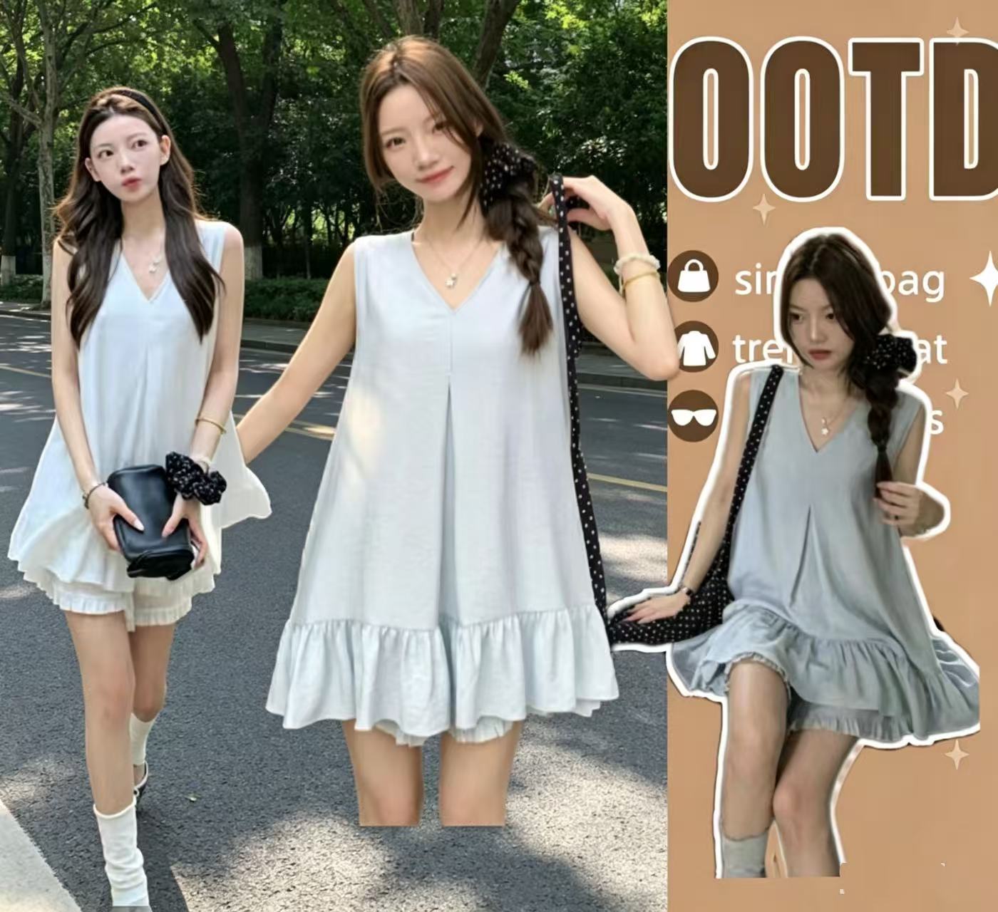 V넥 밑단 프릴 맨위 캐주얼 반바지 세트