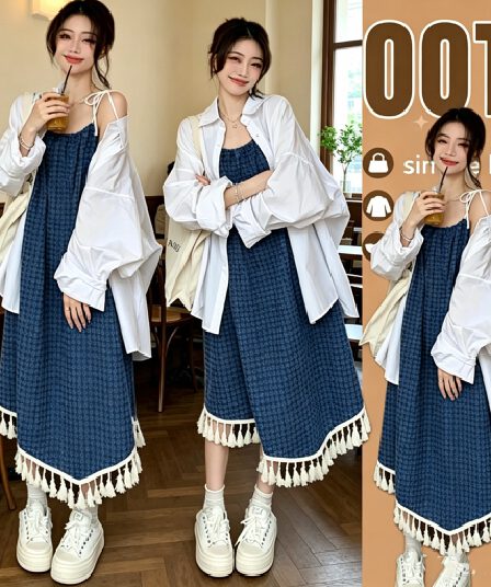 1 임산부 투피스 세트 봄 가을 화이트 루즈핏 셔츠 파란색 술 슬립 드레스 빅 사이즈 임신 엄마 착용 가져 가라.