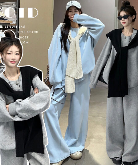 지금 한 부서 느슨함 센스 임산부 후드티 세트 가을 의상 벨트 숄 루즈핏 슬림해 보이는 넓은 다리 웨이 바지