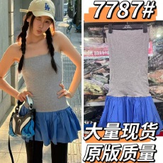 批发<b class='q'>明星</b>虞书欣同款灰色抹胸蓝色拼接<b class='q'>连衣裙</b>字母刺绣修身显瘦短裙女