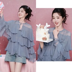 批发宋轶生日同款衬衫韩版超仙雾霾蓝荷叶边不规则设计感系带减龄上衣