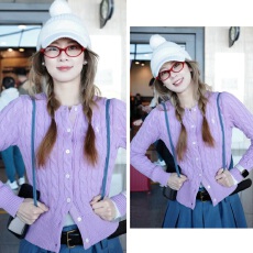 批发赵昭仪<b class='q'>明星</b><b class='q'>同款</b>甜美紫色麻花针织开衫女秋冬新款修身软糯毛衣外套