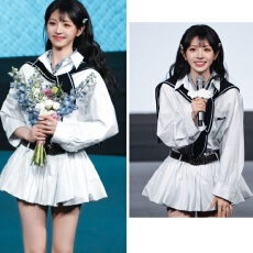 批发田曦薇同款白色细格纹双领<b class='q'>长袖</b>低腰<b class='q'>衬衫</b>连衣裙早春学院风短裙女