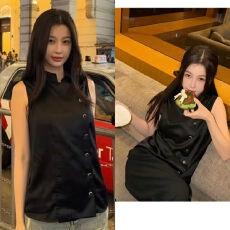 批发虞书欣同款黑色缎面立领斜系扣马甲背心2026春<b class='q'>夏</b>无袖上衣女