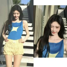 批发鞠婧祎明星同款蓝色针织背心2026春夏撞色露背性感吊带上衣女