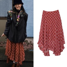 批发金靖明星同款复古红色格纹裙子夏季新款不规则荷叶边半身裙女
