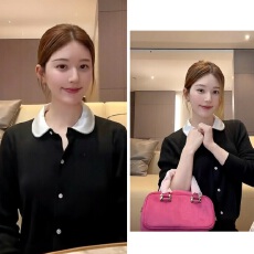 批发赵露思同款娃娃领花边撞色<b class='q'>针织</b><b class='q'>开衫</b>长袖减龄风修身百搭上衣女