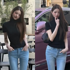 批发张元英明星同款半高领<b class='q'>黑色</b>修身短袖针织衫通勤打底T恤上衣女