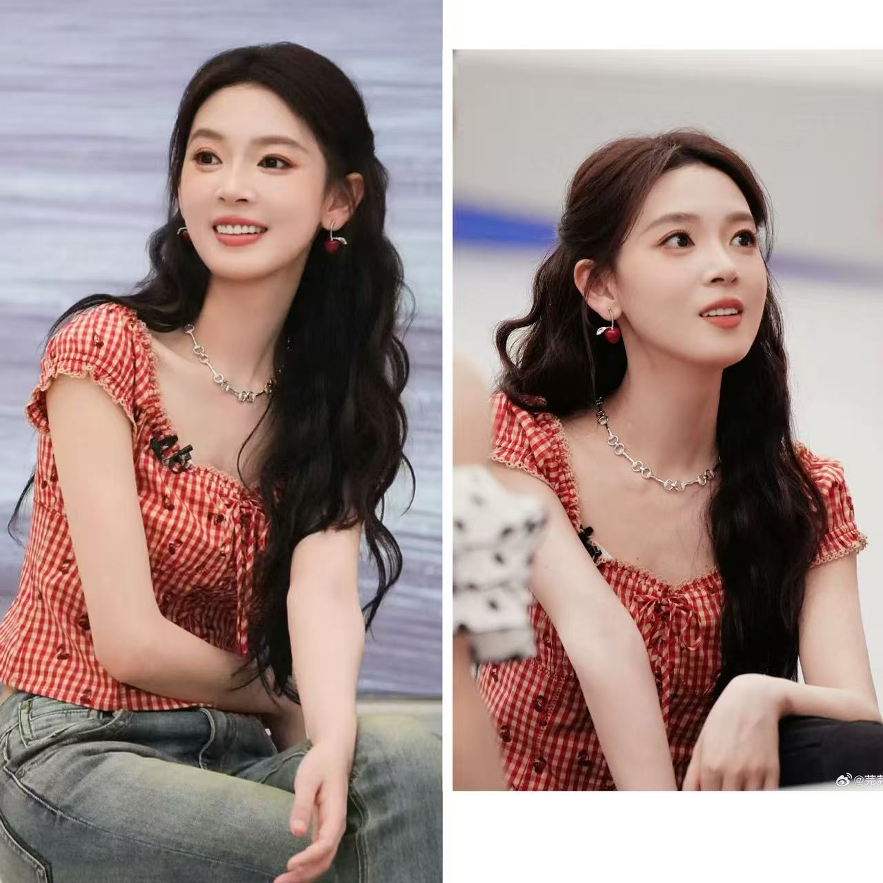 첸 야오 같은 단락 빨간색 체리 프린트 프랑스식 달콤함 거품 소매 격자 무늬 셔츠 맨위 여름 쇼트 스타일 맨위