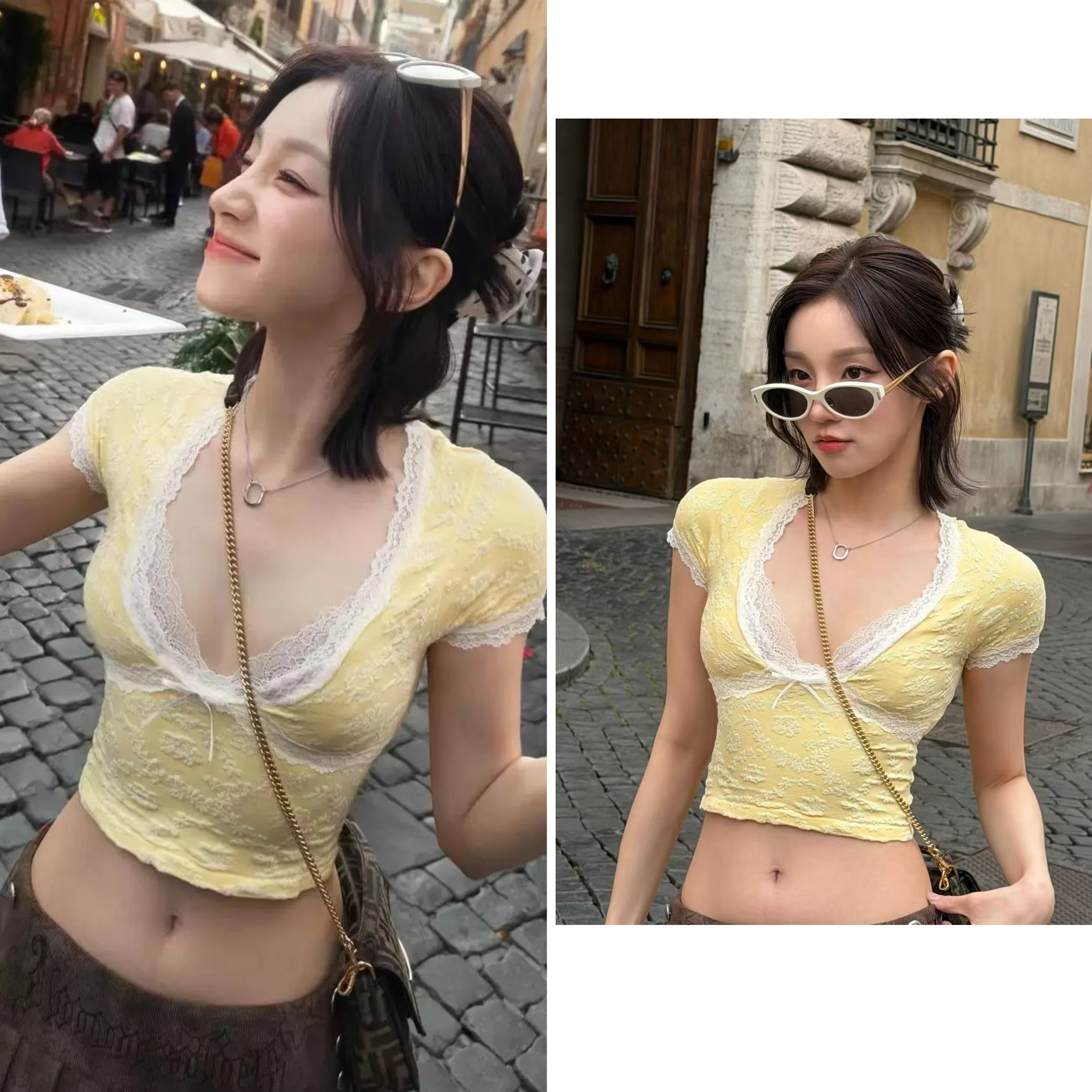 송 비 제나라 같은 단락 한국 스타일 레이스 조각 V넥 반팔 티셔츠 여성 몸매 가꾸기 디자인 센스 황색 맨위 핫걸 바람 여름