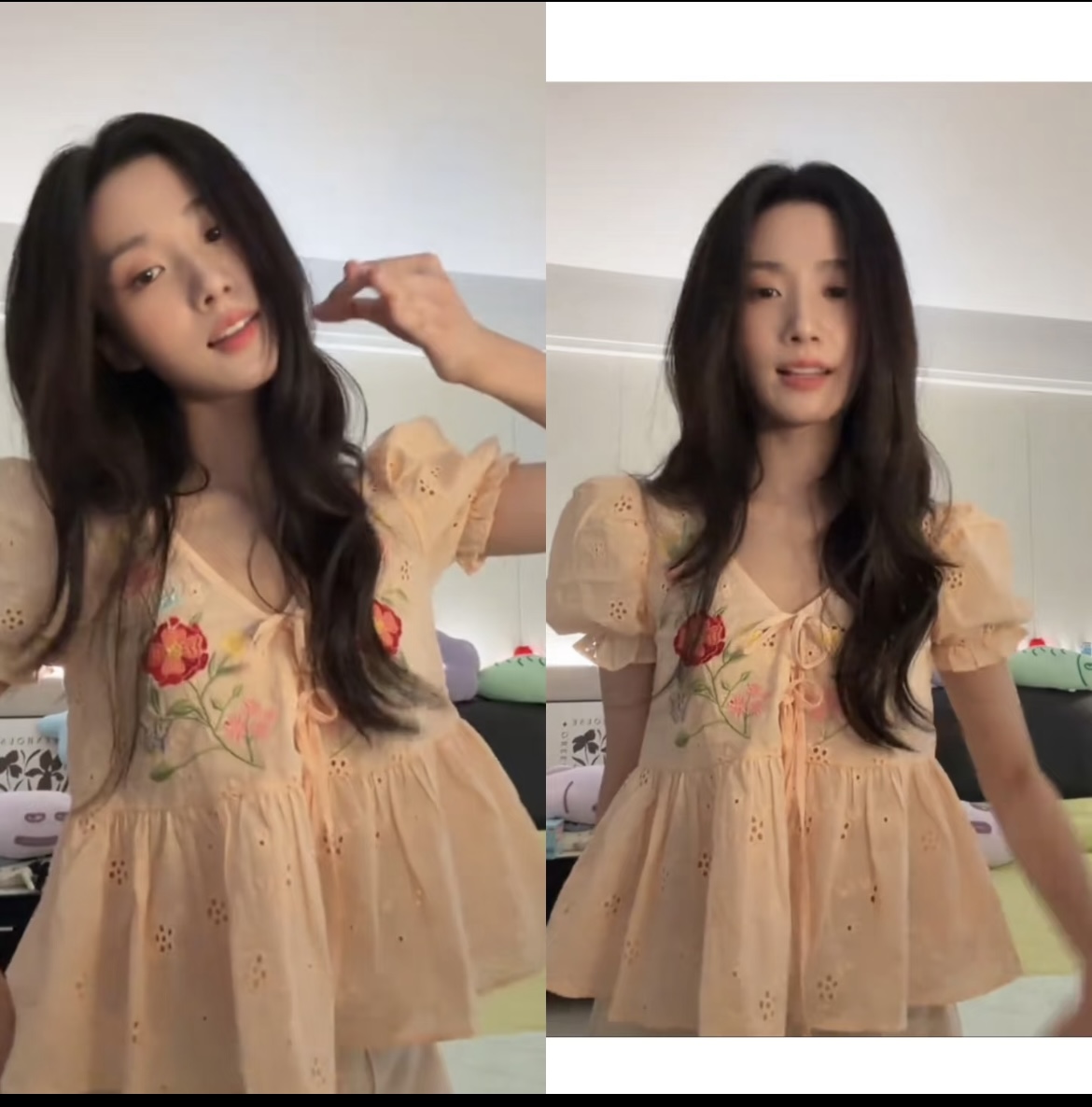 루 유 샤오 스타 같은 단락 프랑스식 달콤한 스타일 순면 자수 V넥 거품 소매 여성 셔츠 정원 바람 맨위 여름