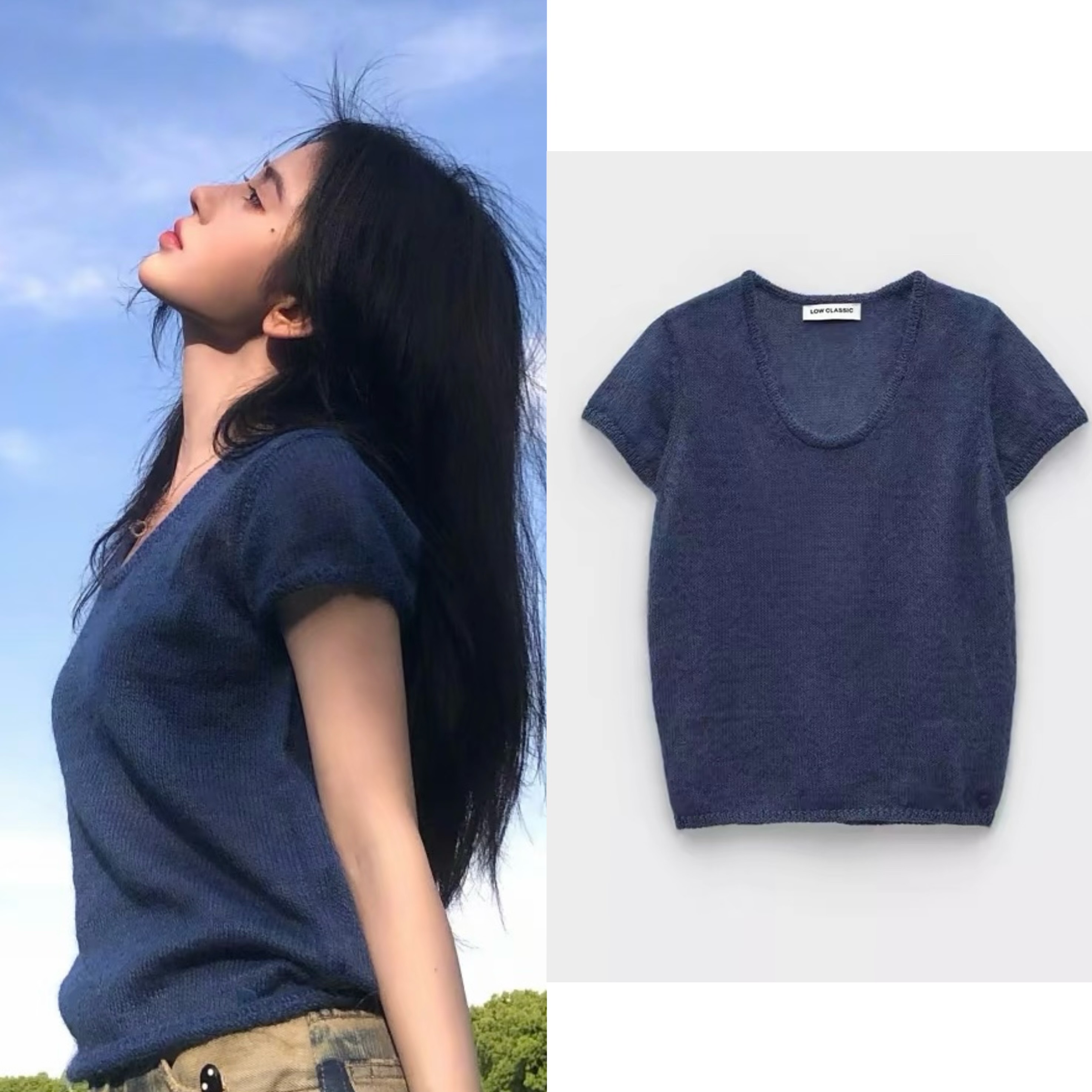 둥근 징 이순신 같은 단락 블루 색상 품격 미니멀리즘 단색 u 칼라 반팔 니트 맨위 여름 다용도 스웨터 여자