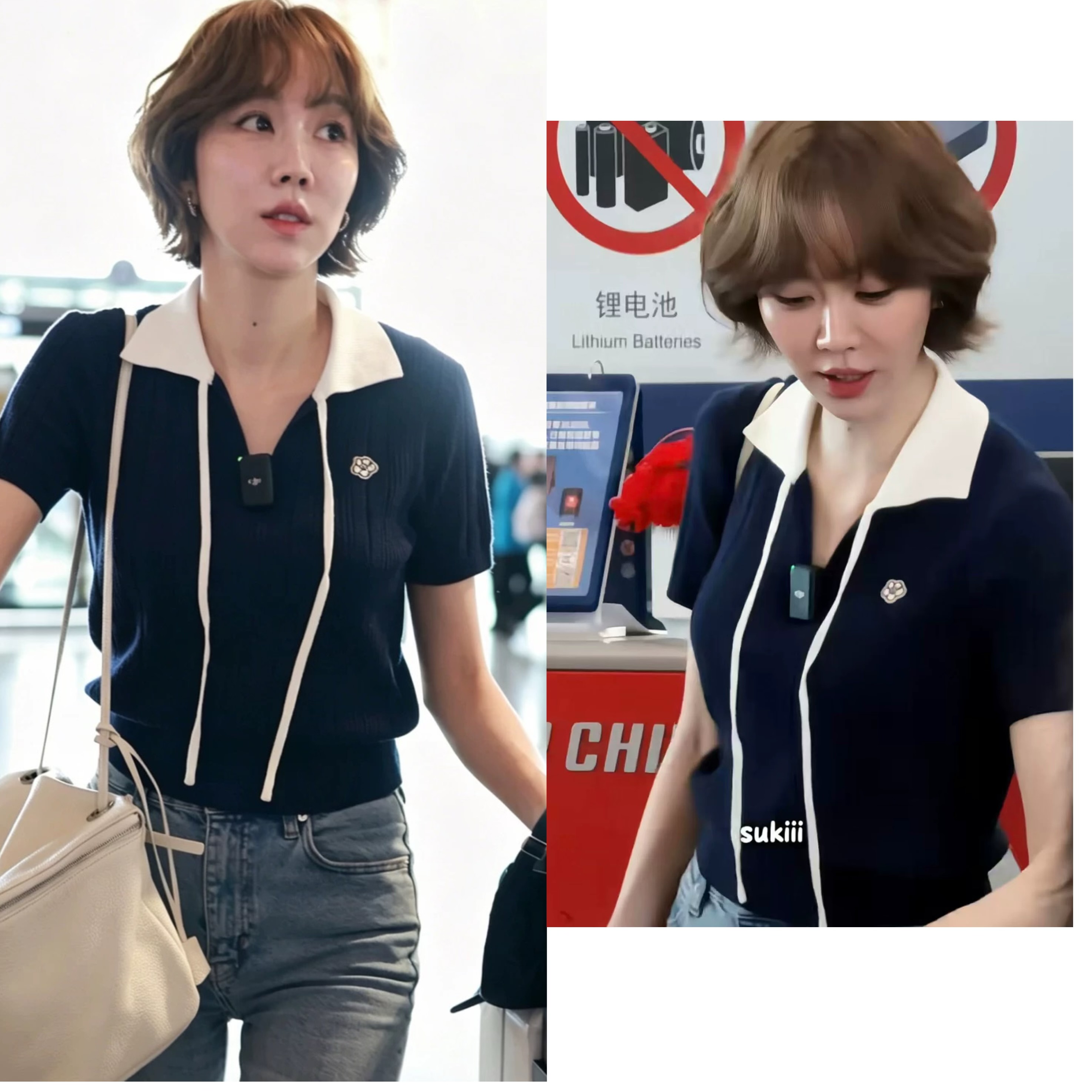 중국 식당 장 妍 같은 단락 파란색 POLO 칼라 배색 니트 맨위 여성 여름 꽃 레이스업 반팔 티셔츠