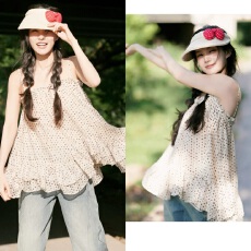 批发李一桐同款法式甜美波点<b class='q'>吊带</b><b class='q'>背心</b>女外穿不规则下摆荷叶边<b class='q'>雪纺</b><b class='q'>上衣</b>