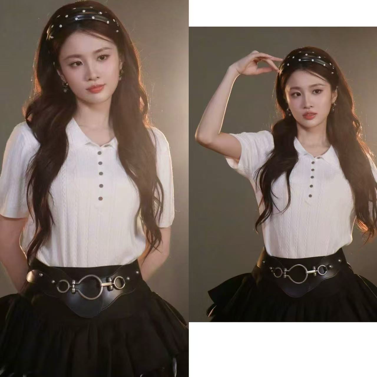 장 후이 원자바오 같은 단락 프랑스식 화이트 POLO 셔츠 꽈배기 니트 반팔 티셔츠 여성 디자인 센스 다용도 짧은 맨위 여름