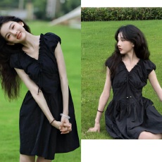 批发<b class='q'>明星</b>宋祖儿<b class='q'>同款</b>衣服休闲V领连衣裙女夏季黑色系带收腰A字裙短裙