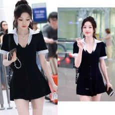 批发宋雨琦同款韩系学院风<b class='q'>假两件</b><b class='q'>连衣裙</b>女夏季新款收腰显瘦设计感短裙