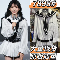 批发田曦薇同款白色细格纹双领长袖低腰衬衫连衣裙早<b class='q'>秋</b>学院风短裙女