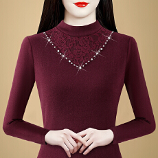 批发实拍冬季新款打底衫女蕾丝拼接钉珠气质保暖上衣时尚减龄<b class='q'>妈妈装</b>女