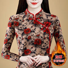 批发实拍 2025秋冬新款新中式加绒旗袍打底衫<b class='q'>妈妈装</b>显瘦碎花保暖上衣
