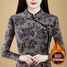批发实拍 2025秋冬新款新中式加绒旗袍打底衫<b class='q'>妈妈装</b>显瘦碎花保暖上衣