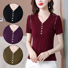 批发实拍2026夏季新款<b class='q'>韩版</b>简约烫钻V领棉短袖t恤弹力修身显瘦洋气<b class='q'>小衫</b>