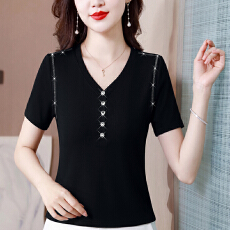 批发实拍2026夏季新款<b class='q'>韩版</b>简约烫钻V领棉短袖t恤弹力修身显瘦洋气<b class='q'>小衫</b>
