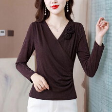 批发实拍 2026春季新款气质玫瑰花V领女显瘦<b class='q'>长袖</b>上衣洋气百搭打底衫