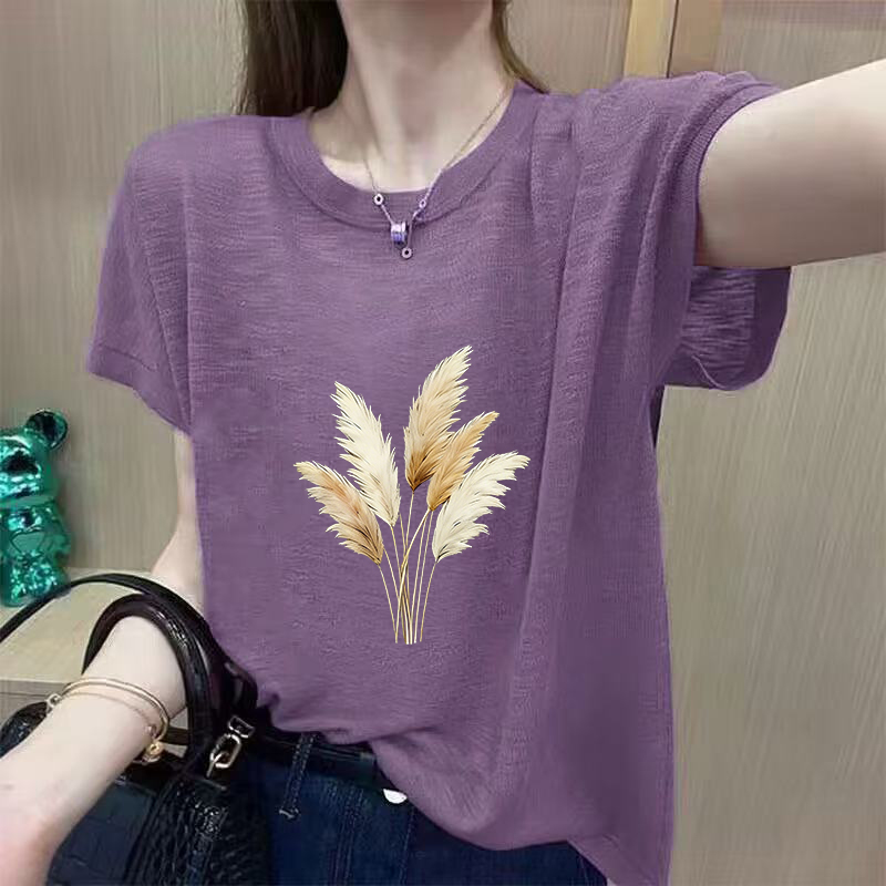 RY3687# 2026夏季新款竹节棉短袖印花大码宽松百搭休闲圆领上衣T恤